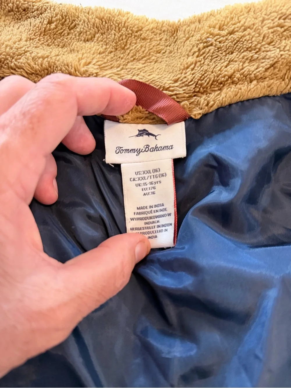 Tommy Bahama Boy’s Tan Sherpa Jacket with Navy Chest Pocket Size 16